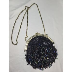 Vintage Black Fringe Sequin Beaded Clutch with Metal Strap